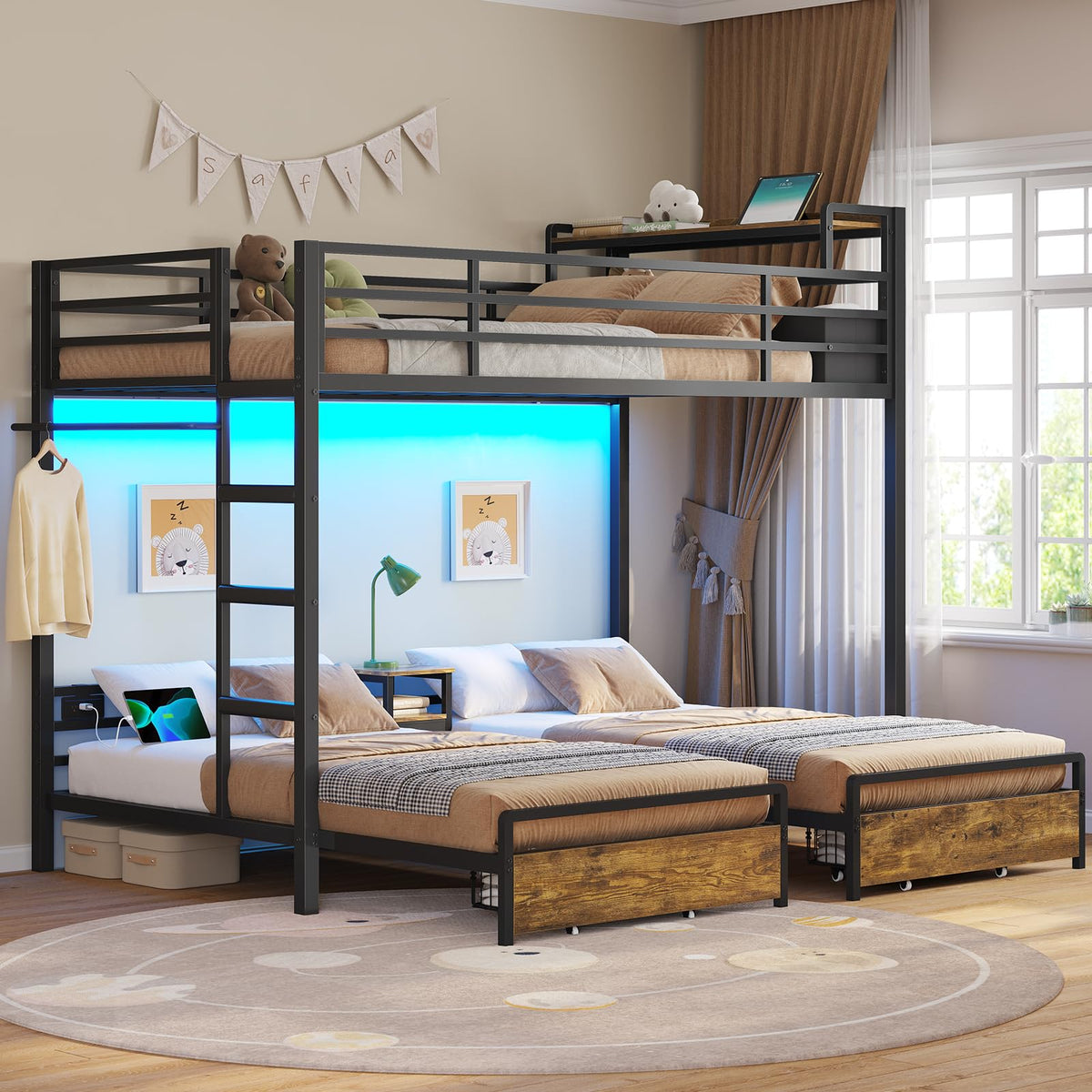 Black Twin Over Twin Triple Bunk Bed with Storage Drawers P4631