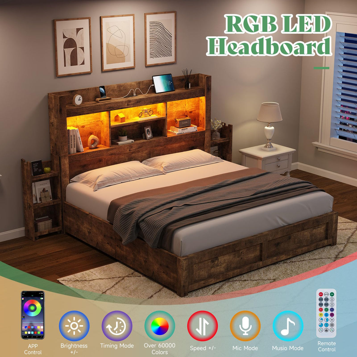 Full Bed Frame with Bookcase Headboard & Storage E641