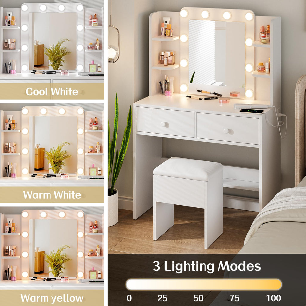 White Vanity Desk with Lighted Mirror and Chair X9113