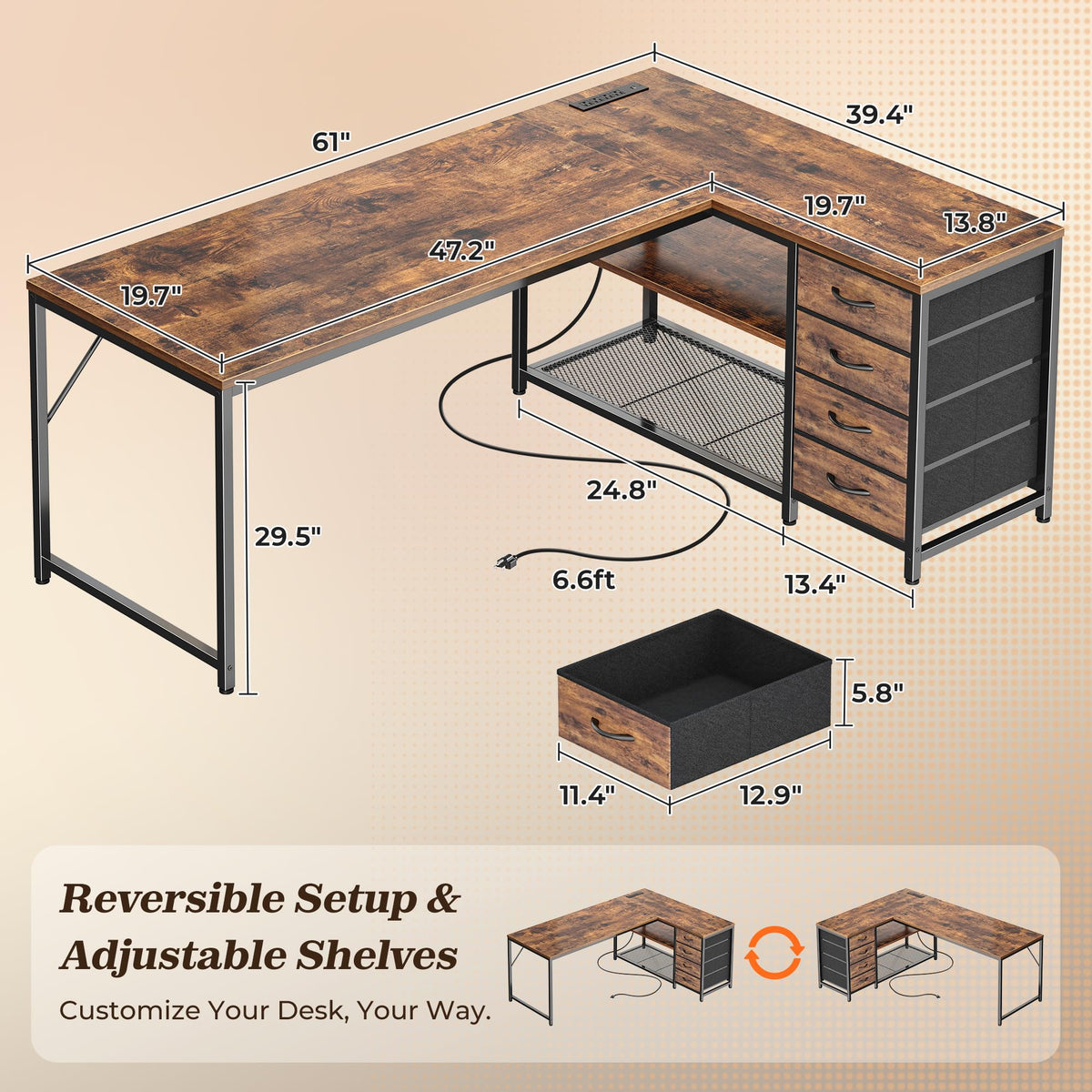 61" L Shaped Desk with Power Outlets & 4 Drawers P6968