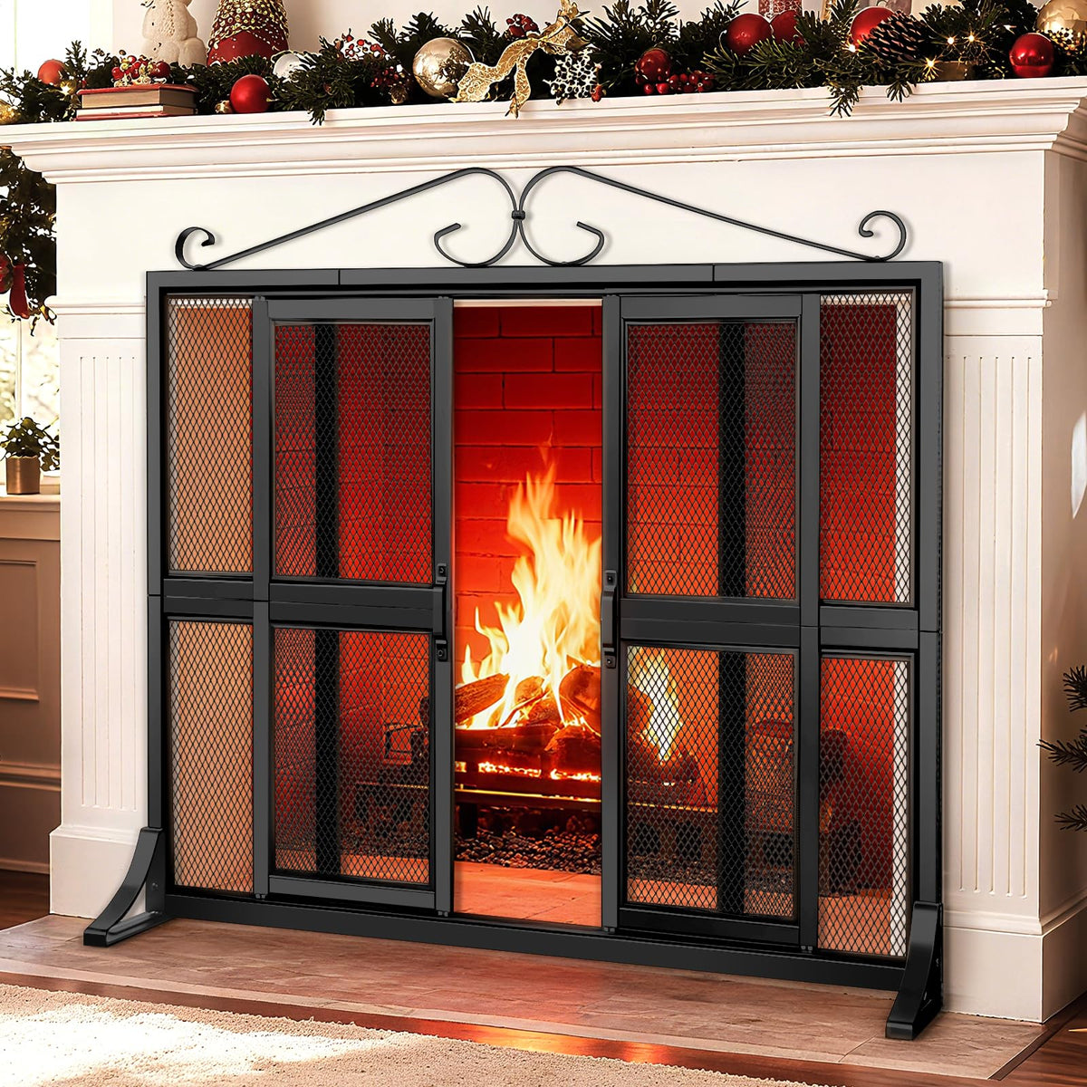 Hand-Forged Iron Fireplace Screen with Sliding Doors W2711