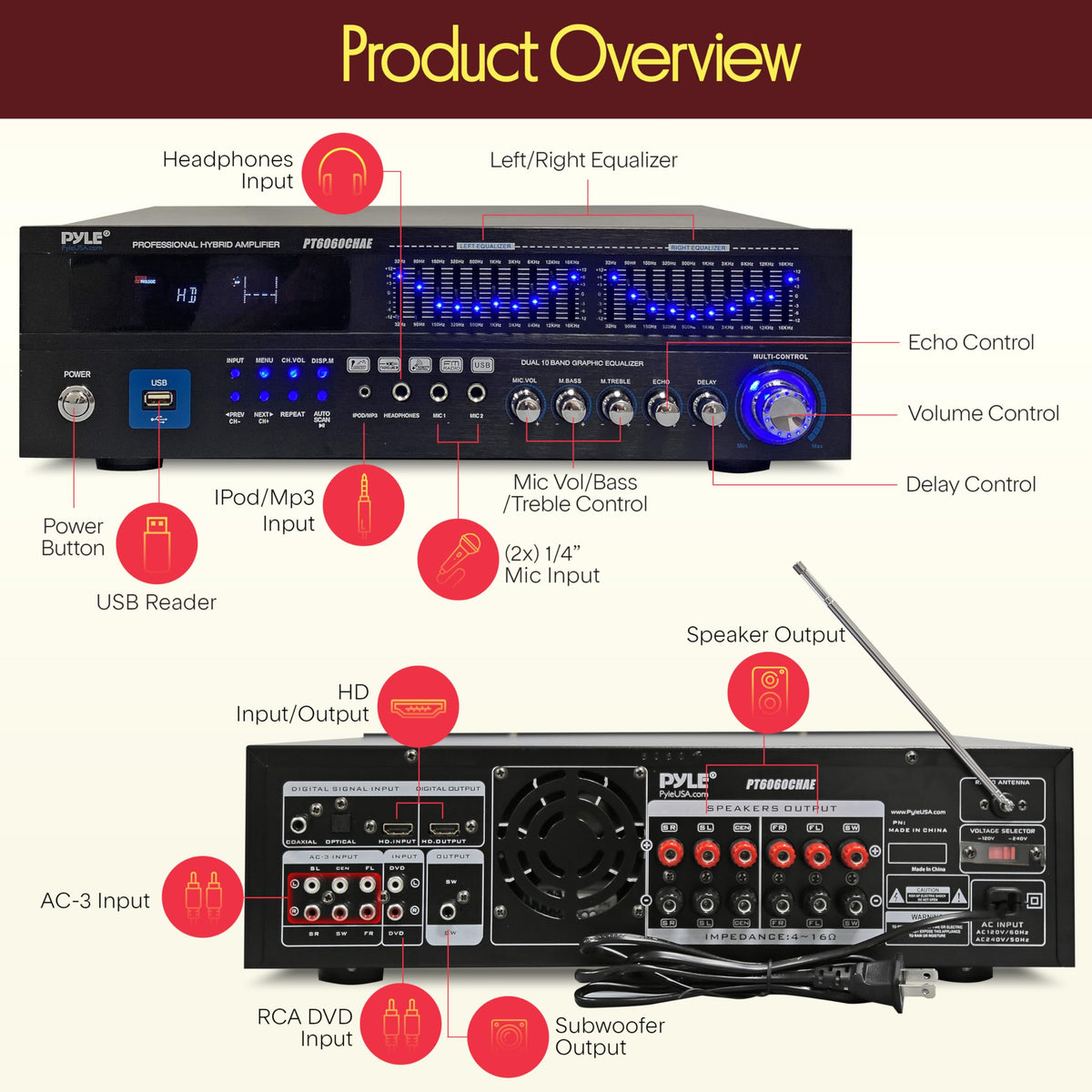 2000W 6-Channel Bluetooth Hybrid Home Amplifier I926230