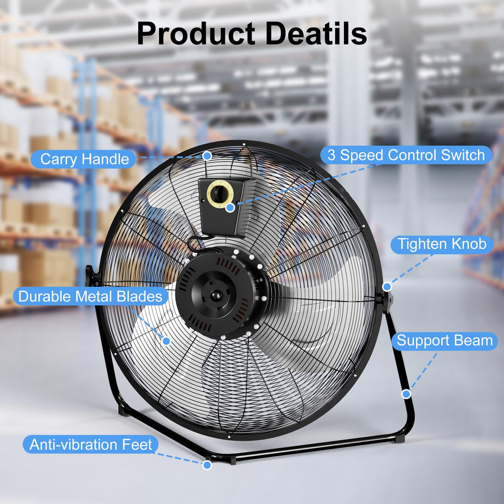 20 Inch 3 Speed High Velocity Metal Industrial Floor Fan E8307