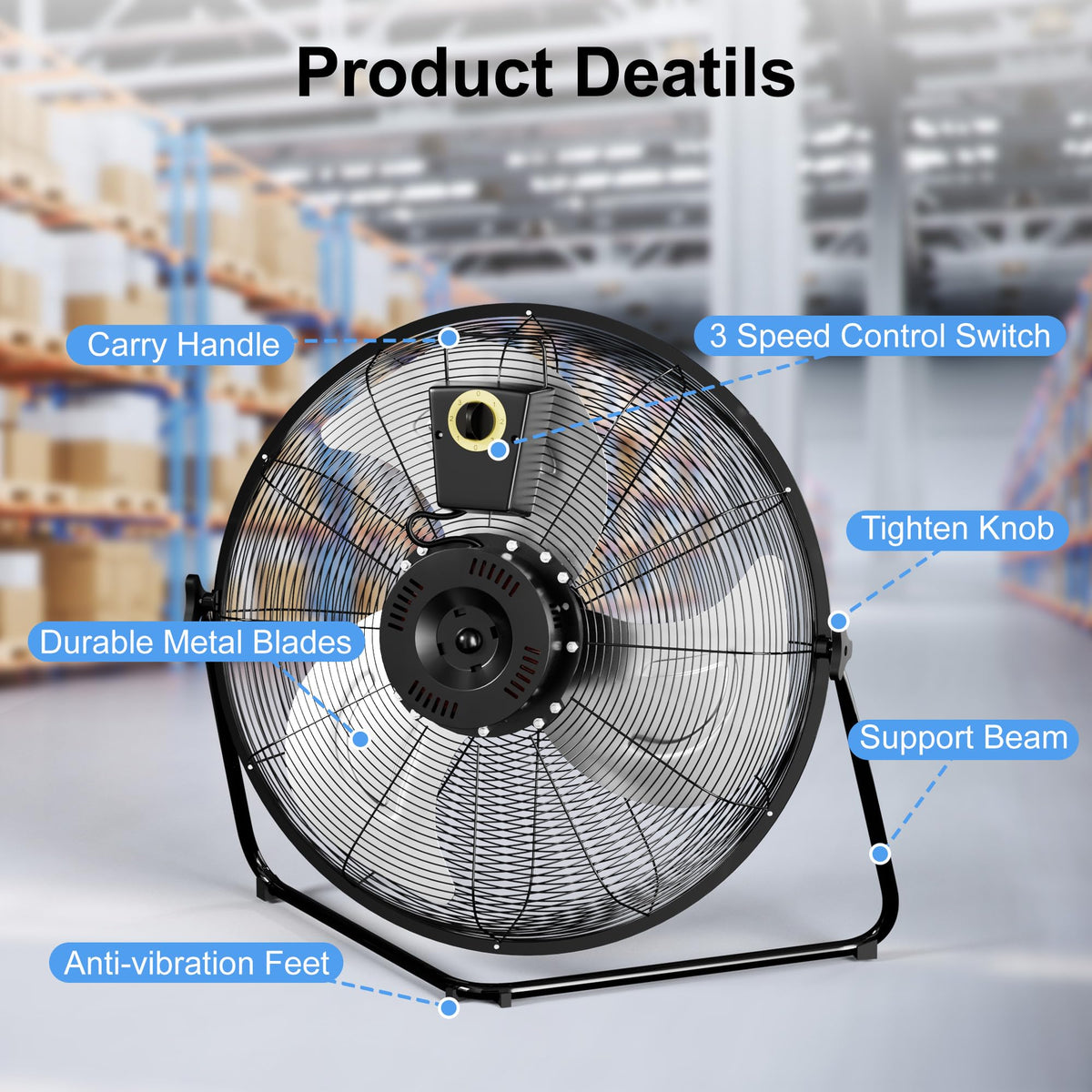 20 Inch 3 Speed High Velocity Metal Industrial Floor Fan E8307
