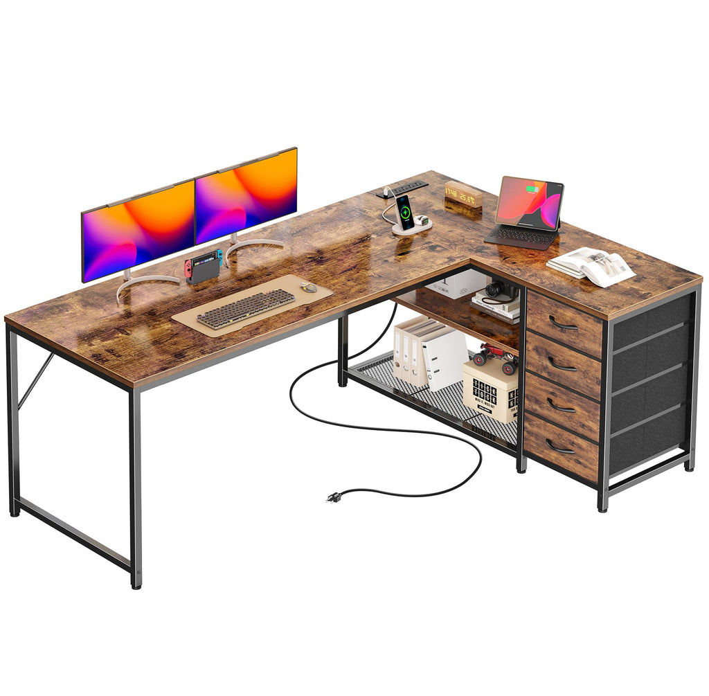 61" L Shaped Desk with Power Outlets & 4 Drawers P6968