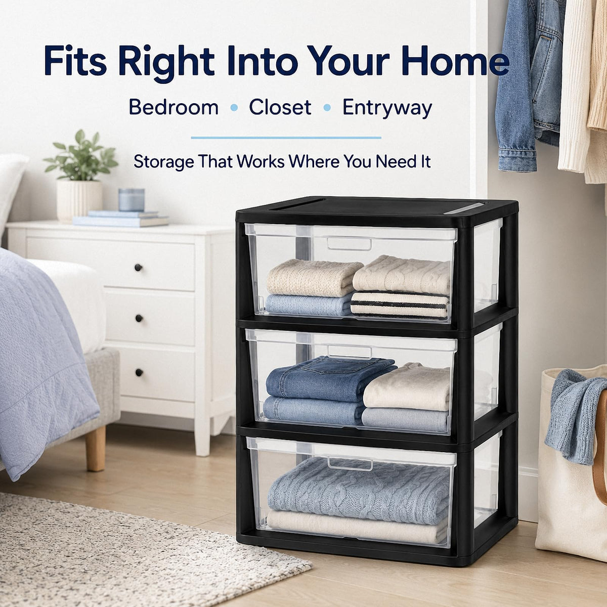 Black 3 Drawer Plastic Storage Tower with Clear Bins A956