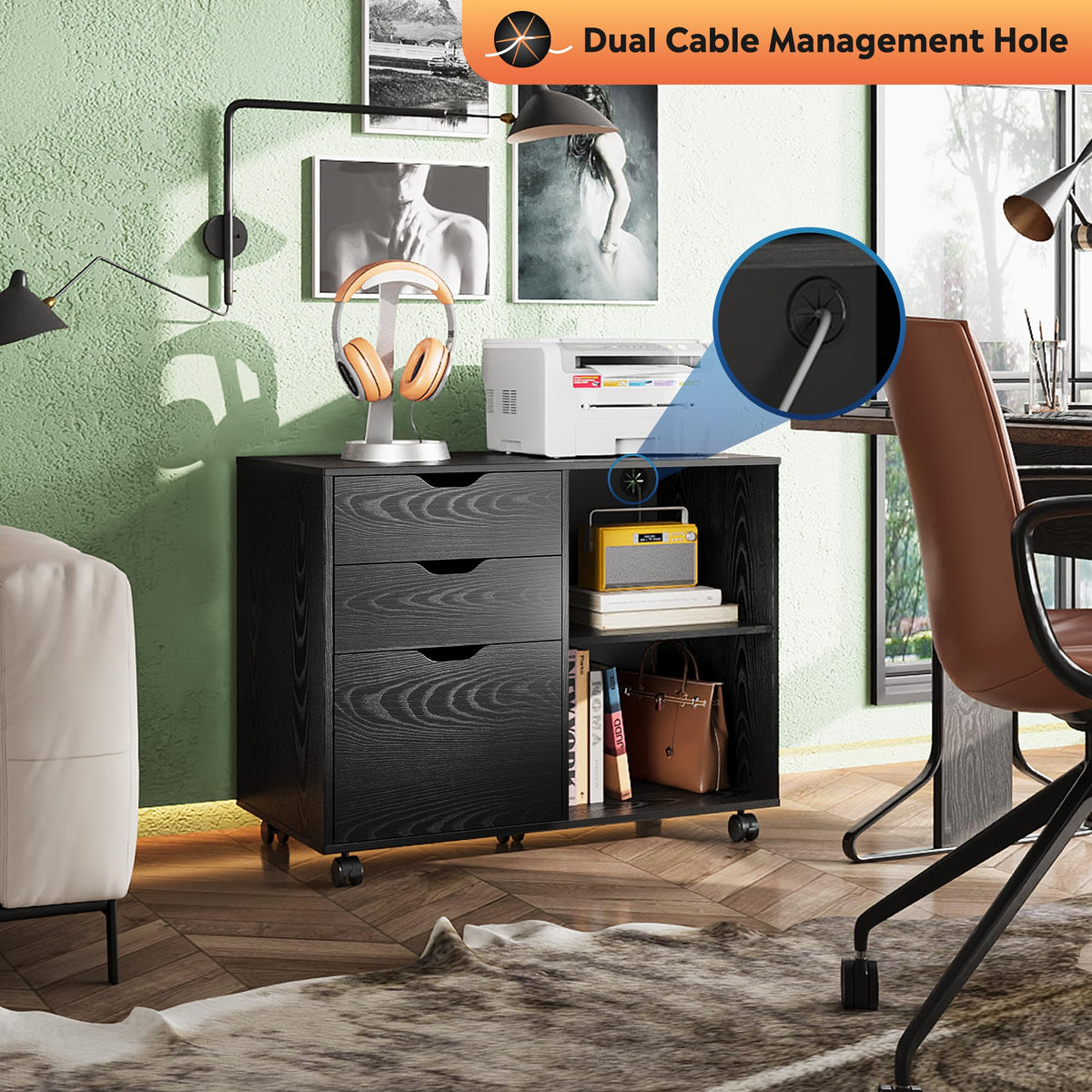 Black 3-Drawer Wood File Cabinet N432