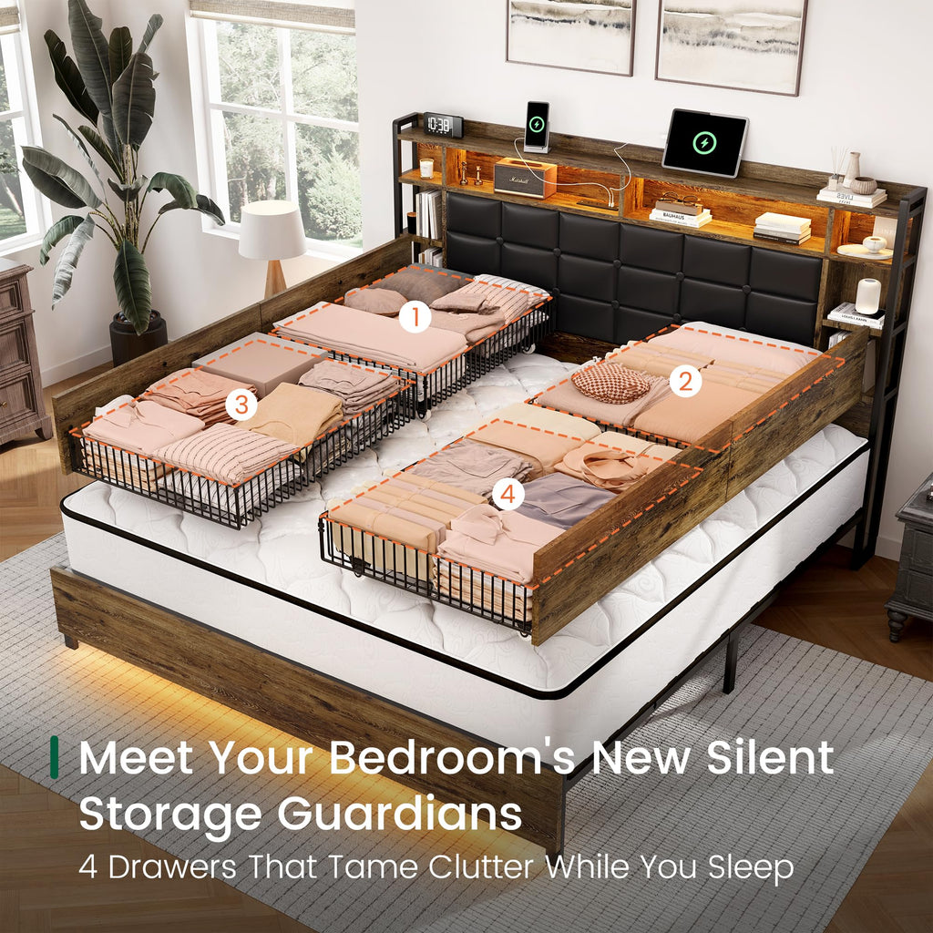 Queen Size Wooden Bed Frame with Storage Drawers K974701
