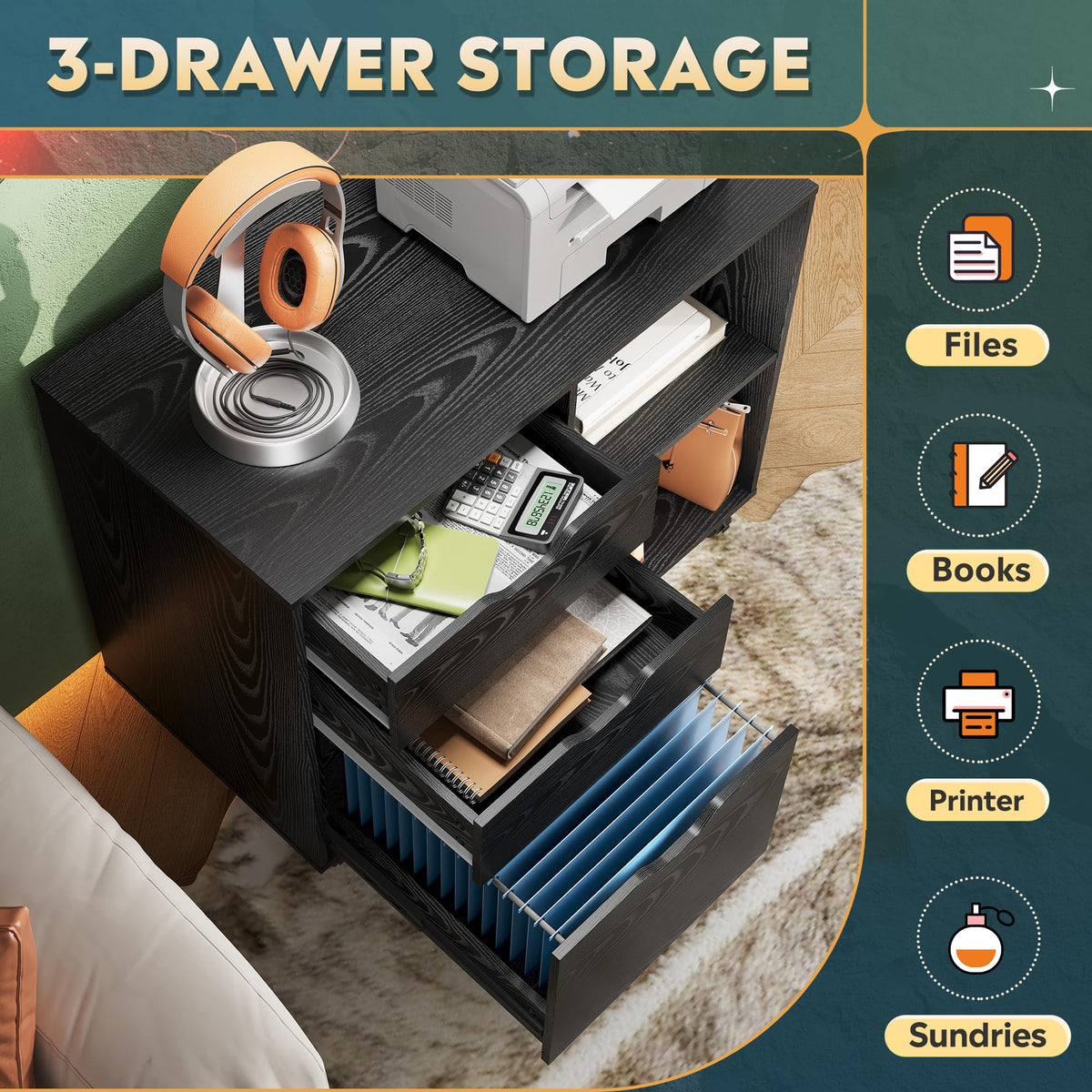 Black 3-Drawer Wood File Cabinet N432