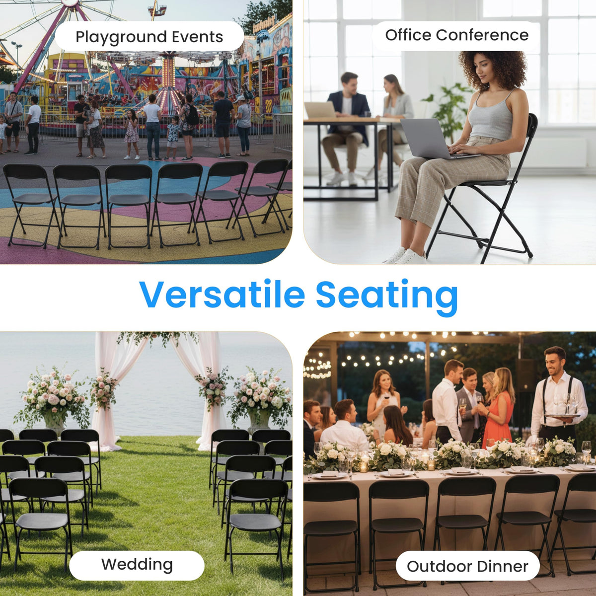 Black 10-Pack Plastic Folding Chair with Metal Frame J811910