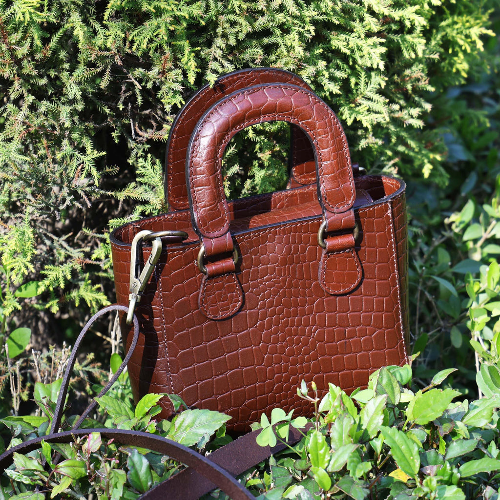 Tan Croc-Embossed Leather Mini Tote Crossbody Bag O7953