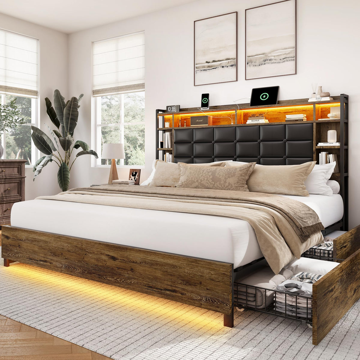 Queen Size Wooden Bed Frame with Storage Drawers K974701