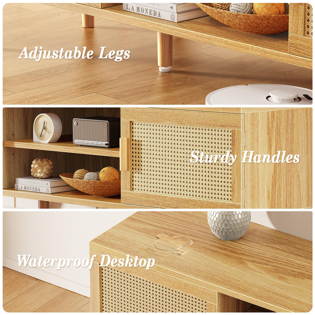 65 Inch Rattan TV Stand with Adjustable Shelf and 2 Cabinets K13081