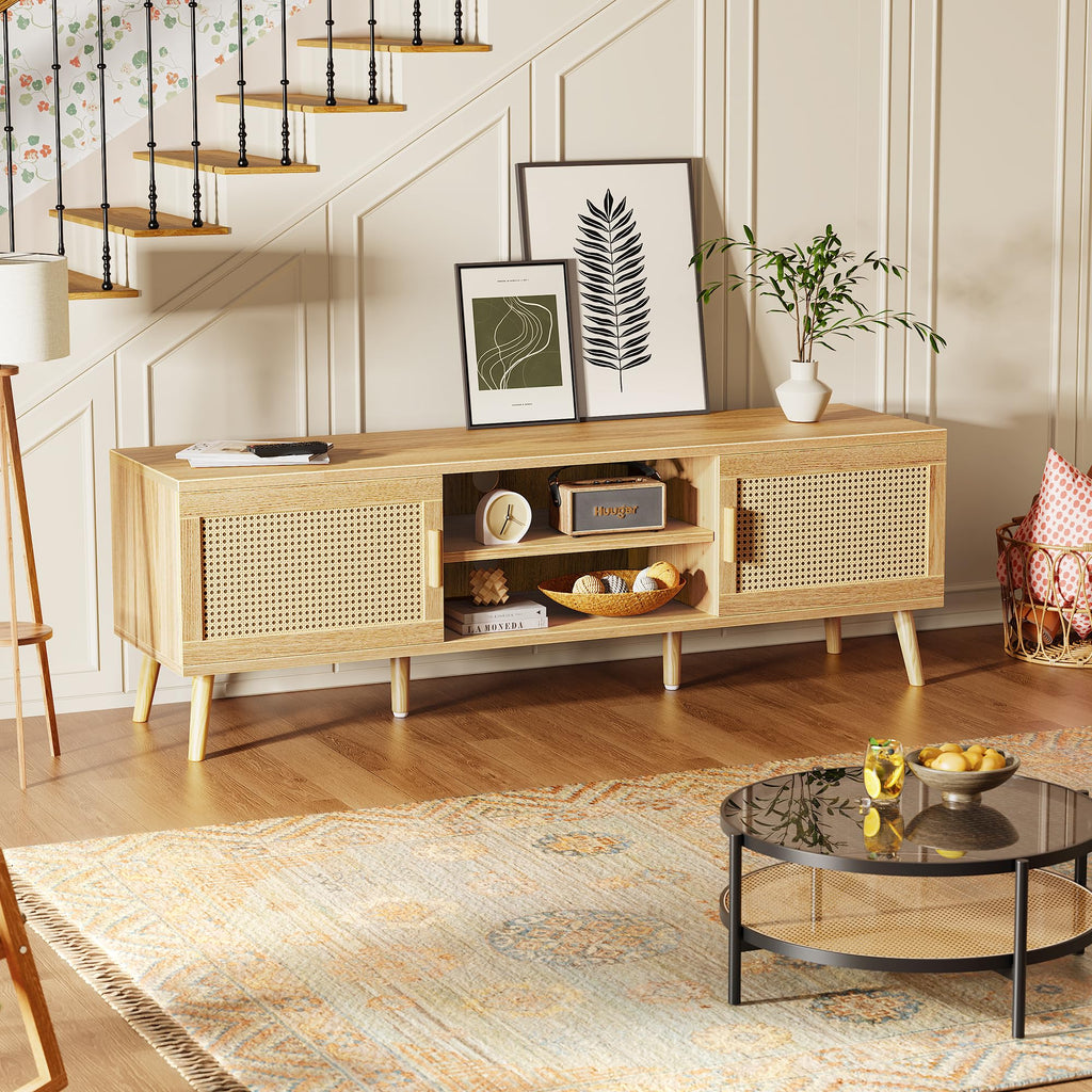 65 Inch Rattan TV Stand with Adjustable Shelf and 2 Cabinets K13081