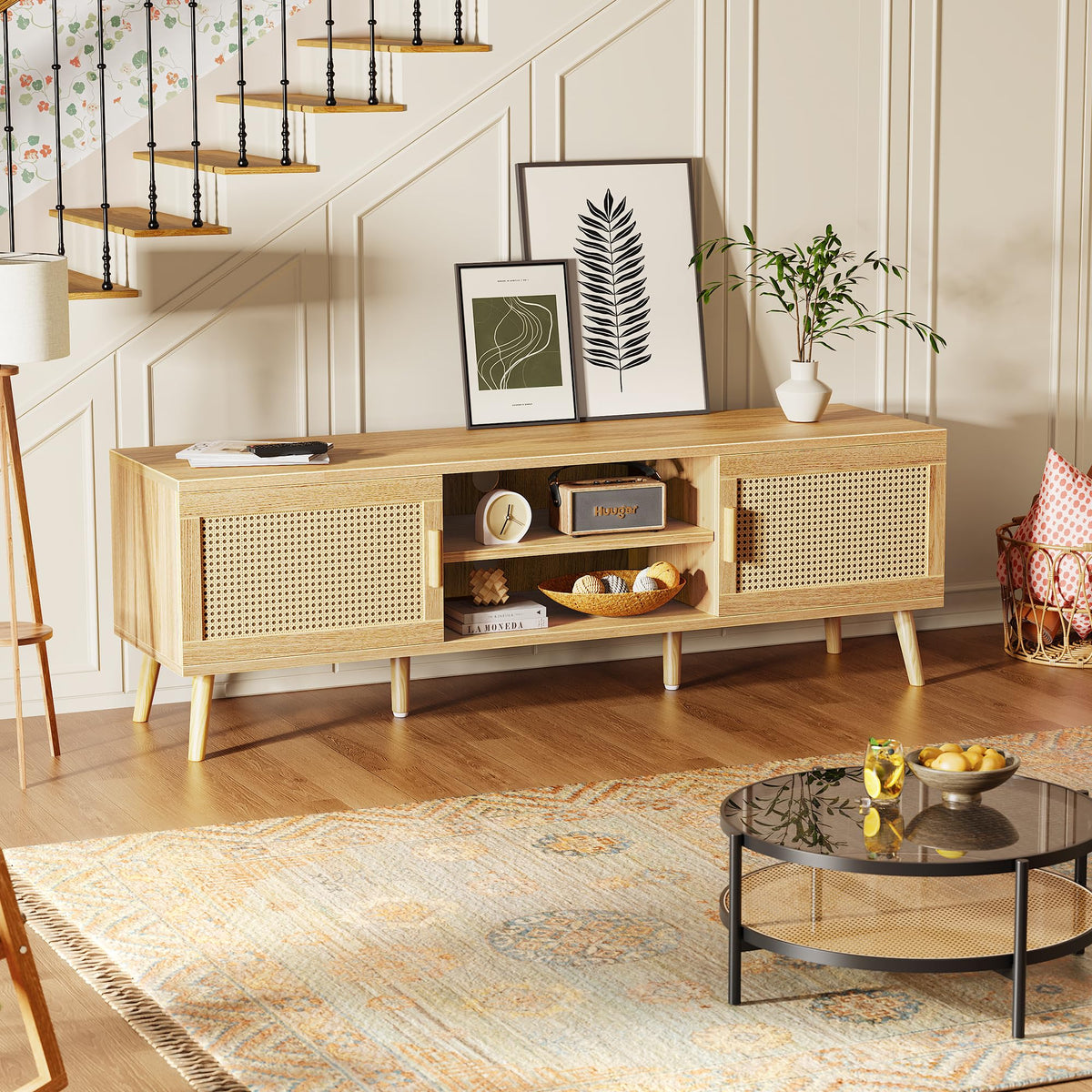 65 Inch Rattan TV Stand with Adjustable Shelf and 2 Cabinets K13081