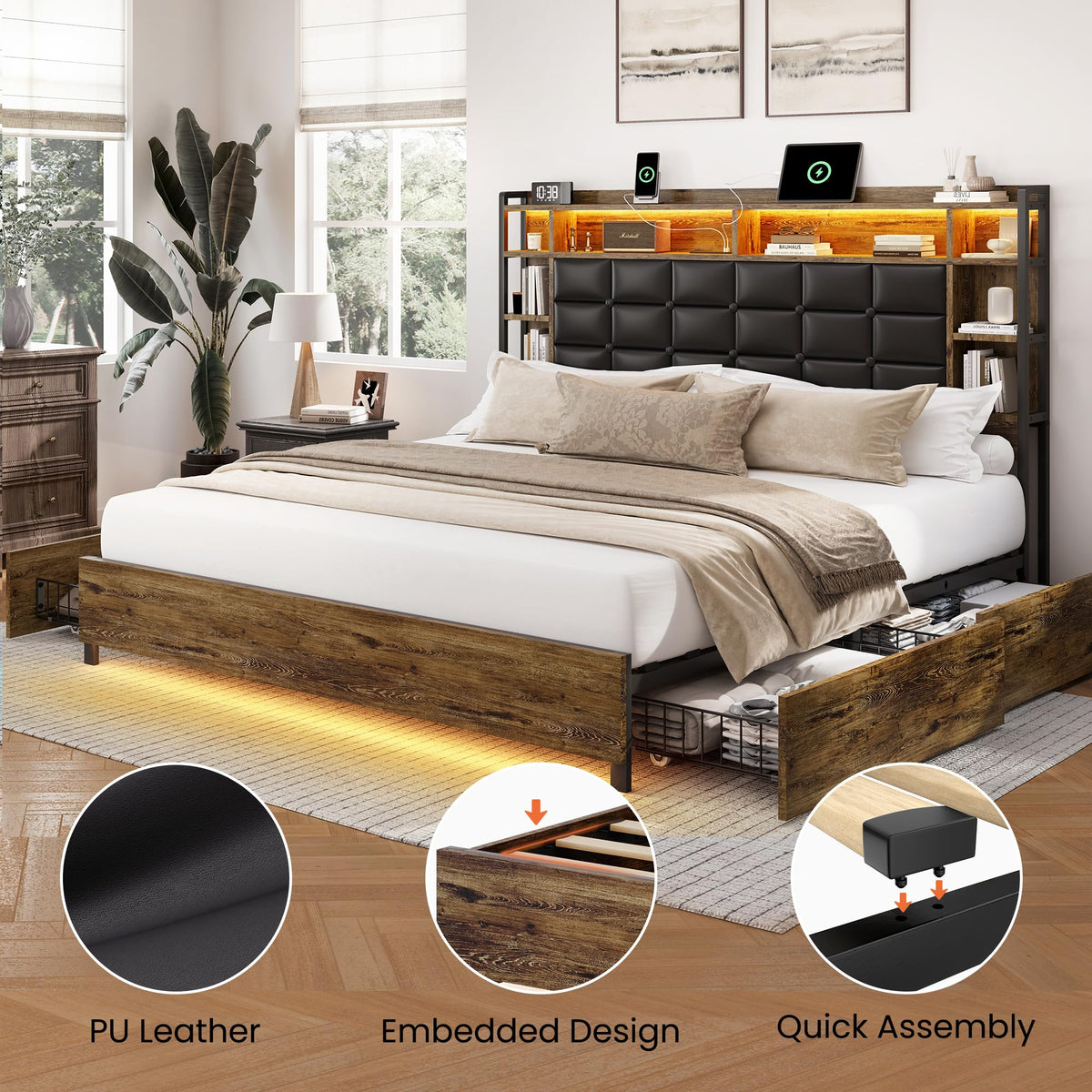 Queen Size Wooden Bed Frame with Storage Drawers K974701