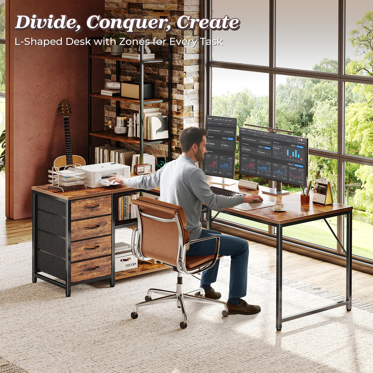 61" L Shaped Desk with Power Outlets & 4 Drawers P6968