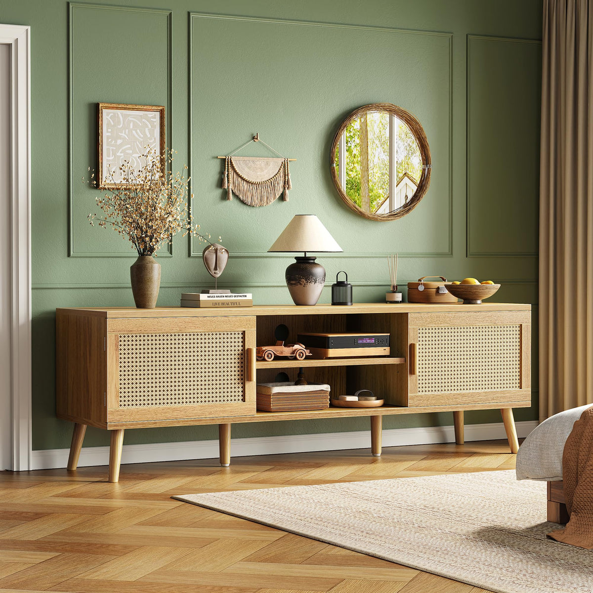 65 Inch Rattan TV Stand with Adjustable Shelf and 2 Cabinets K13081